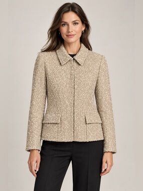 Akris Bouclé Wool Jacket US 10 Beige Lamb Leather Trim Silk Lined